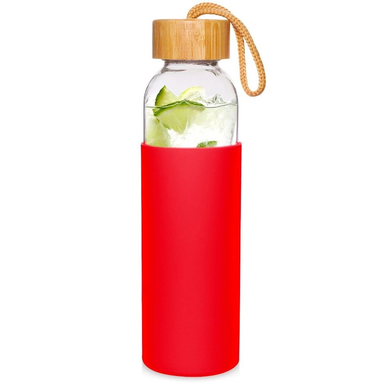 Glasflasche TRINKFLASCHE aus Glas Silikon für Wasser Saft Limonade Smoothie 0,5l in Rot mit Schnurschlaufe