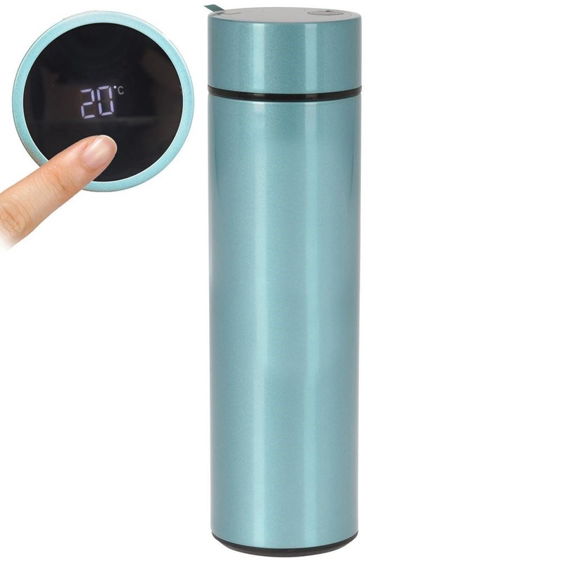 Isolierflasche Thermosflasche Thermoskanne Trinkflasche aus Edelstahl mit Thermometer blau 0,45 L