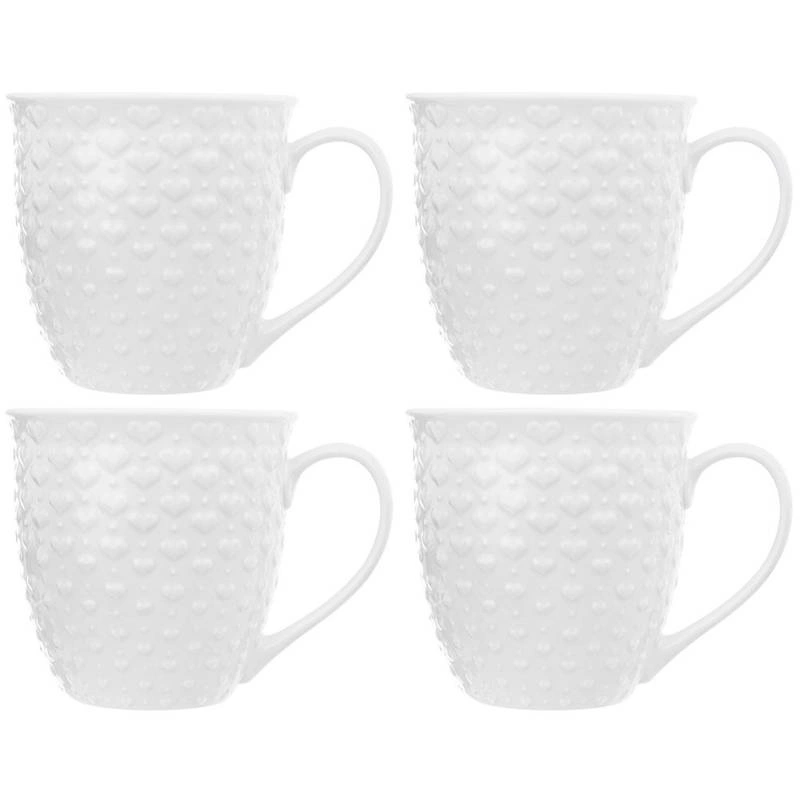 Keramikbecher Keramiktasse Kaffeebecher Teebecher mit Henkel weiß mit Herzmuster 4x580 ml Set