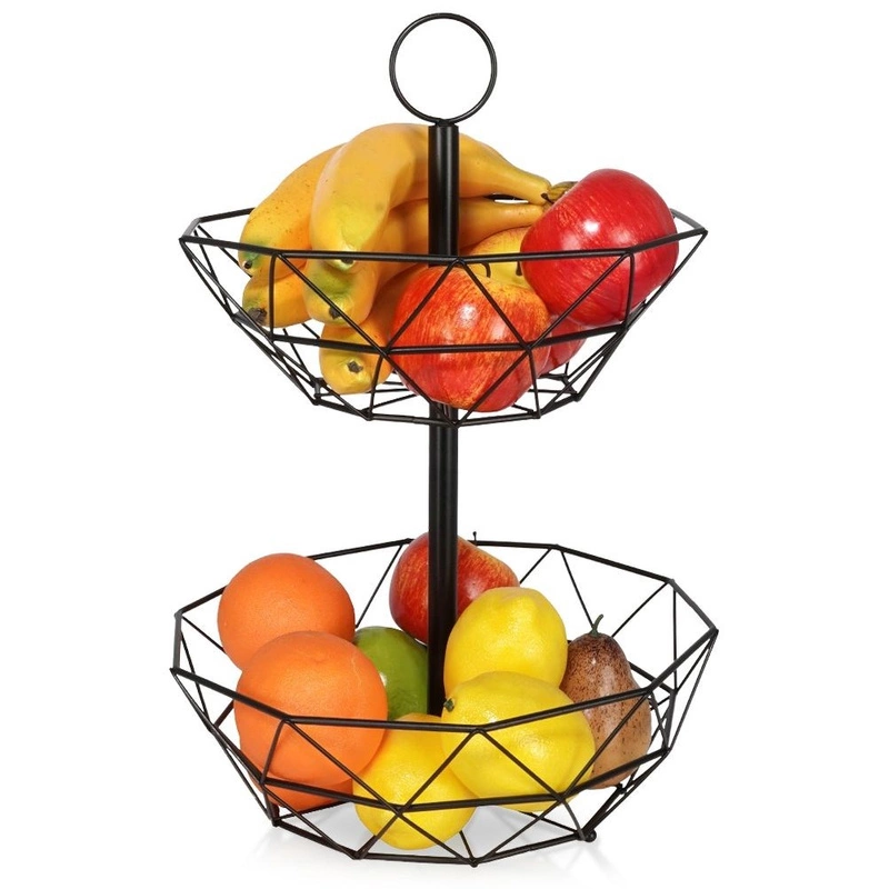 Korb für Obst und Gemüse aus Metall | Aufbewahrungskorb | Obst-Etagere 2-stöckig | Im geometrischen LOFT-Stil | Schwarze, industrielle Schüssel
