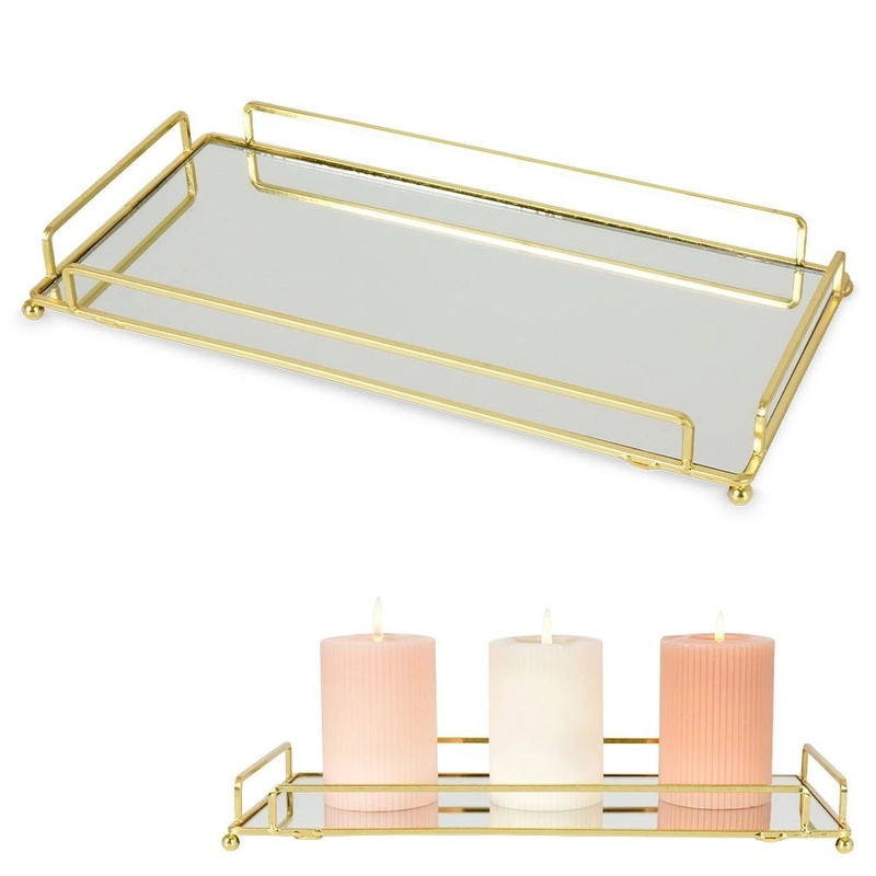 Rechteckiges Spiegeltablett Deko-Tablett Tablett für Kerzen Metall golden / Ständer für Kerzen 34x16 cm